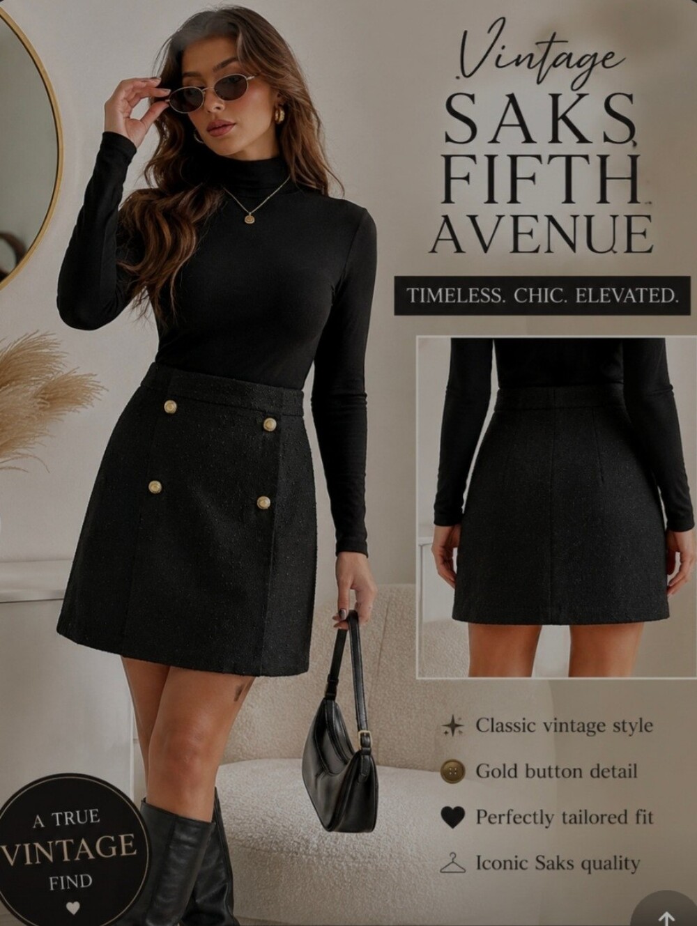 Vintage Saks Fifth Avenue Black Mini Skirt with Gold & Pearl Buttons (Rare)